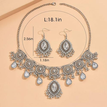 Frodete Indian Jewelry Sets for Women Traditional Bohemian Wedding Jewelry Set Indian Dresses for Women Oxidized Ethnic Party Prom Wear - color: D1: SILVER WHITE