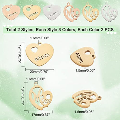 PH PandaHall 12pcs Heart Charms with Mom, 2 Styles Stainless Steel Long-Lasting Metal Heart Charm Beads for DIY Necklace, Bracelet, Earring Craft Valentine, Mother's Day, Thanksgiving - color: 2 Style