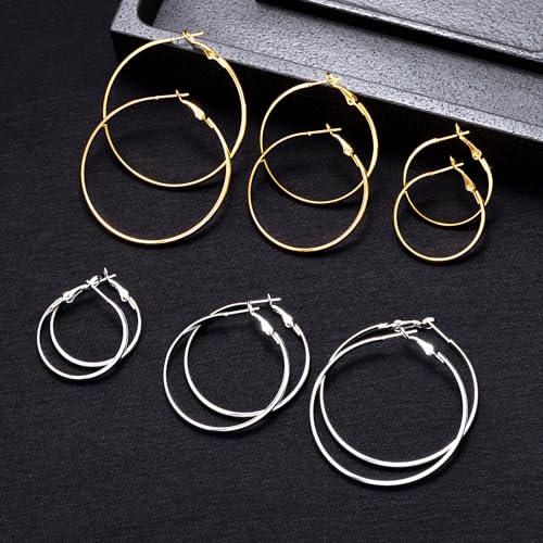 5/12 Pairs Gold Silver Plated Hoop Earrings for Women, Hypoallergenic Stainless Steel Hoops Earrings Set, Lightweight Large Small Hoops Women Earrings Loop Earrings Set - color: 6 Pairs Silver Gold Plated Flat Round Shape Hoop Earrings