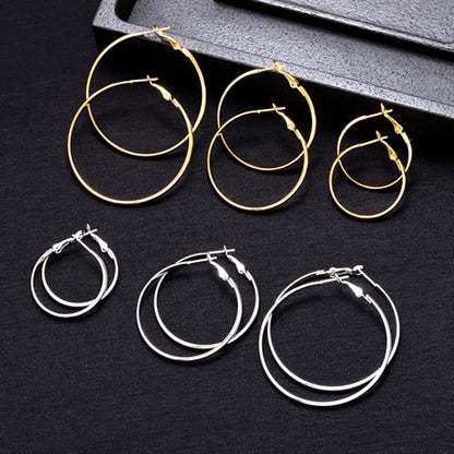 5/12 Pairs Gold Silver Plated Hoop Earrings for Women, Hypoallergenic Stainless Steel Hoops Earrings Set, Lightweight Large Small Hoops Women Earrings Loop Earrings Set - color: 6 Pairs Silver Gold Plated Flat Round Shape Hoop Earrings