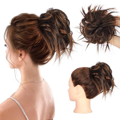 HMD Tousled Updo Messy Bun Hair Piece for Women Synthetic Hair Extension | Messy Bun Hair Piece with Elastic Scrunchie Synthetic Tousled Updos Ponytail Hairstyles for Daily Wear - color: Dark Brown with Light Auburn Mixed#(4-30)