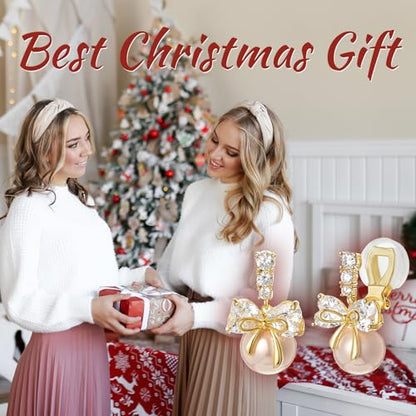 YOQUCOL Golden Bow Clip On Stub,Danle Drop Earrings for Women Simulated Pearl Christmas Xmas Bowknot Non Pierced Earrings - color: Dangle Clip-02