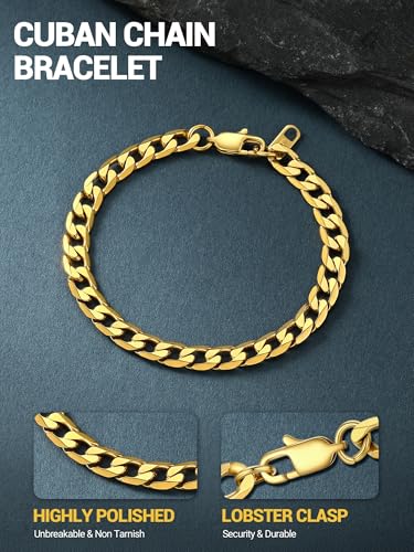 PROSTEEL Bracelets for Men, Figaro/Cuban Mens Bracelet, Silver/Gold/Black | 6/9/13mm Width, 7.5/8.3/9" Length, Stainless Steel Mens Bracelet, Durable & Non Tarnish, Chunky Jewelry with Gift Box - style: E 6mm-Cuban-Gold