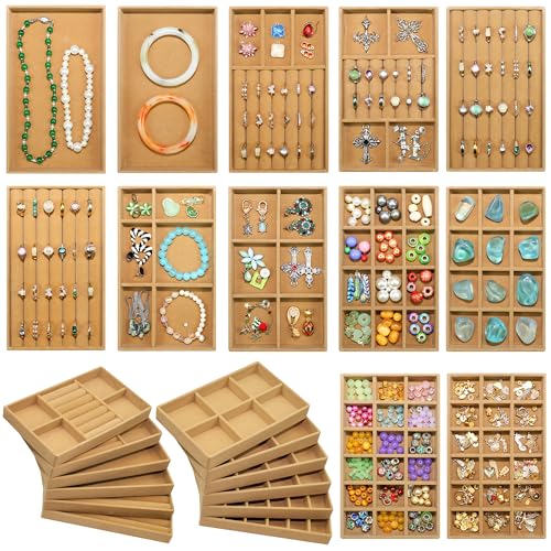12 Set Jewelry Trays Organizer Stackable Jewelry Display Case Storage Box for Earring Necklace Rings Bracelet Watch, Brown - color: Brown, size: 12 Pack