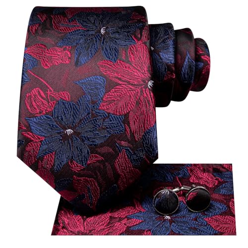 Dubulle Mens Paisley Striped Tie Woven Necktie for Men and Handkerchief Cufflinks Set Wedding Formal Business - color: Blue Burgundy