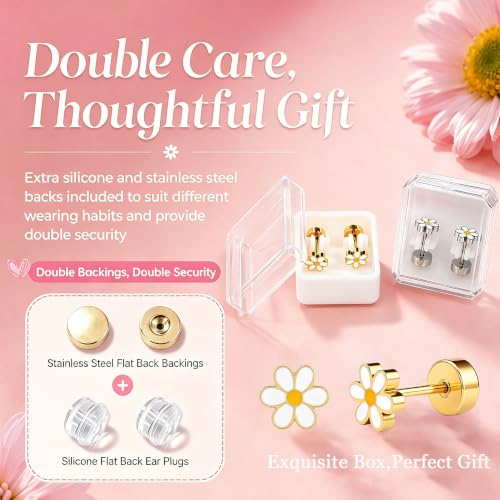 Hypoallergenic Daisy Studs Earrings for Women,18K Gold Plated Surgical Stainless Steel Flat Back Flower Earrings for Sensitive Ears,20G Post Screw Back Cartilage Helix Piercing Jewelry - color: Gold