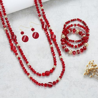 Trendy Infinity Wrap 60’’ Long Statement Necklace, Earrings and Bracelet Set - Hand Knotted Versatile Crystal and Shell Beads Strand Necklace and Chunky Beaded Stretch Bracelet Stack – Jewelry Set Gift for Women - color: Red/Round Earrings