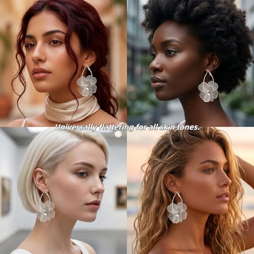 Dangle Flower Gold Earrings for Women, Trendy Statement Hoop Earrings, Gold Floral Drop Earrings Jewelry for Gifts - color: Silver flower
