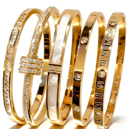 CERULEAN 5-Piece Elegant Stainless Steel Bracelet Set, Fashionable Classic Design, Stainless Steel 5 Piece Bracelet Set, Non Tarnish Bangle, Elegant Bracelets Sets for Everyday and Formal Wear - color: Gold