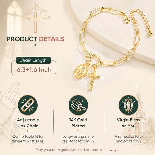 XUANPAI Virgin Mary Cross Bracelet for Women,14K Gold Plated Chain Bracelet,Virgen de Guadalupe Catholic Link Bracelet with Crucifix Charm, No Tarnish Religious Jewelry Gift for Baptism Confirmation - color: Gold-Paperclip Chain