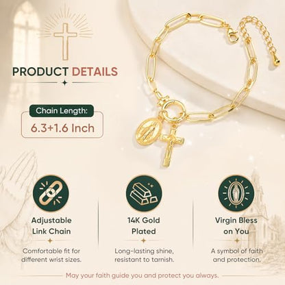 XUANPAI Virgin Mary Cross Bracelet for Women,14K Gold Plated Chain Bracelet,Virgen de Guadalupe Catholic Link Bracelet with Crucifix Charm, No Tarnish Religious Jewelry Gift for Baptism Confirmation - color: Gold-Paperclip Chain