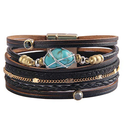 GelConnie Womens Leather Cuff Bracelet Feather Multi Strand Bracelet Wrap Bracelet Turquoise Boho Bangle Braided Leather Wristbands Bohemian Jewelry Gifts for Women Wife Sister - color: Black Leather Bracelet