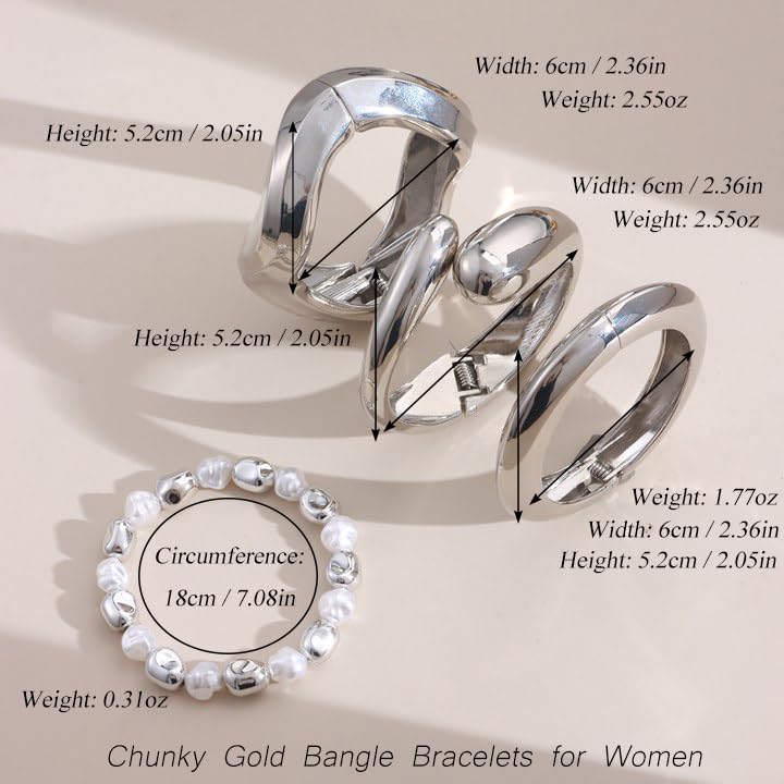 MOZAKA 4PCS Chunky Gold Bangle Bracelets for Women | Trendy Wide Wrist Cuff Bracelets Stack Statement Bangle Fashion Jewelry Gift - color: silver