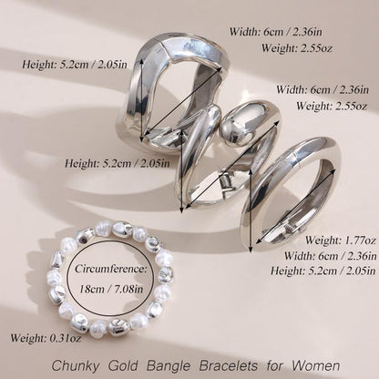 MOZAKA 4PCS Chunky Gold Bangle Bracelets for Women | Trendy Wide Wrist Cuff Bracelets Stack Statement Bangle Fashion Jewelry Gift - color: silver