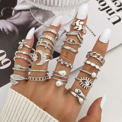 Golden Silvery Knuckle Rings Set for Women, Stackable Rings Bohemian Crystal Hollow Carved Flowers Joint Finger Rings Pack Fashion Jewelry Gifts for Birthday - color: 46 PCS-2