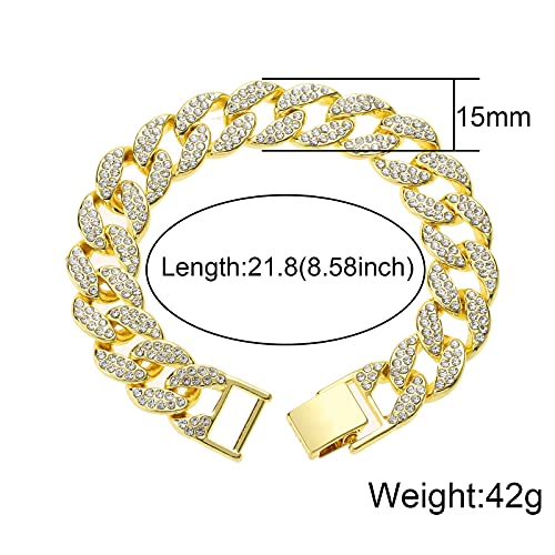 Saintda Iced Out Cuban Link Chain Necklace Bracelet Set for Men | 14mm Cuban Link Necklace Bracelet Jewelry Set Diamond Iced Out Mens Bling Thick Necklaces Chains - color: Gold-W:15MM-THK:3MM, size: 18inch