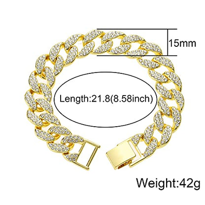 Saintda Iced Out Cuban Link Chain Necklace Bracelet Set for Men | 14mm Cuban Link Necklace Bracelet Jewelry Set Diamond Iced Out Mens Bling Thick Necklaces Chains - color: Gold-W:15MM-THK:3MM, size: 18inch