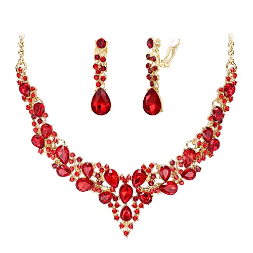 Wedding Statement Necklace Clip-on Earrings Jewelry Set | Sparkling Austrian Crystal Teardrop Cluster for Party Prom Accessories - color: 12-Ruby Color Gold-Tone