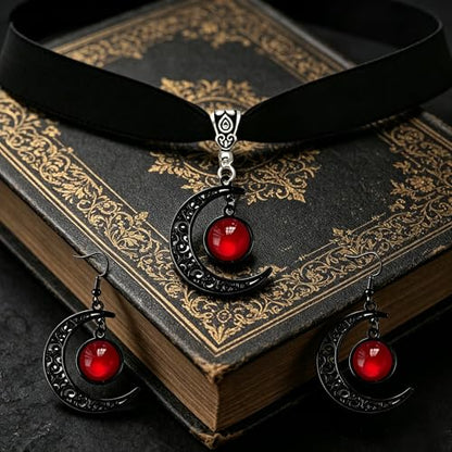 ONLYJUMP Gothic Witch Moon Earrings Necklace Set for Women Goth Black Velvet Moon Choker Necklace Moon Zirconia Dangle Drop Earrings Dark Halloween Witch Vampire Jewelry - color: Red