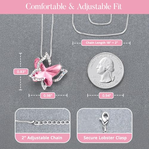 Butterfly Necklace, Birthstone Crystal, for Women, Silver Tone Pendant Jewelry, Anniversary Birthday Gift for Her, Wife & Mom, 18"+2" - color: 10-October Birthstone - Light Rose Pink Crystal