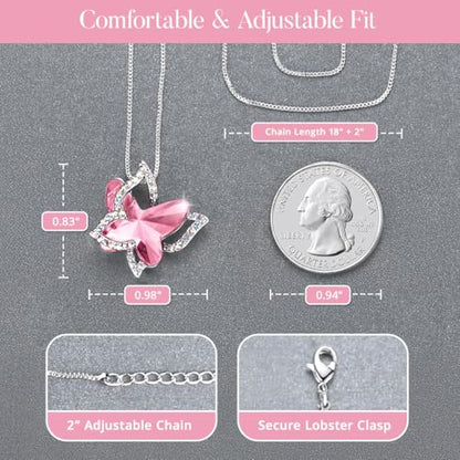 Butterfly Necklace, Birthstone Crystal, for Women, Silver Tone Pendant Jewelry, Anniversary Birthday Gift for Her, Wife & Mom, 18"+2" - color: 10-October Birthstone - Light Rose Pink Crystal