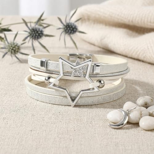 Leather Wrap Bracelets for Women Boho Layered Cuff Bracelets Bling Bohemian Jewelry - color: White