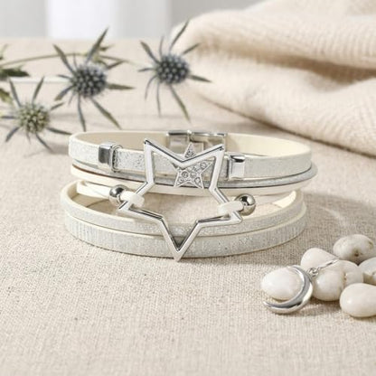 Leather Wrap Bracelets for Women Boho Layered Cuff Bracelets Bling Bohemian Jewelry - color: White