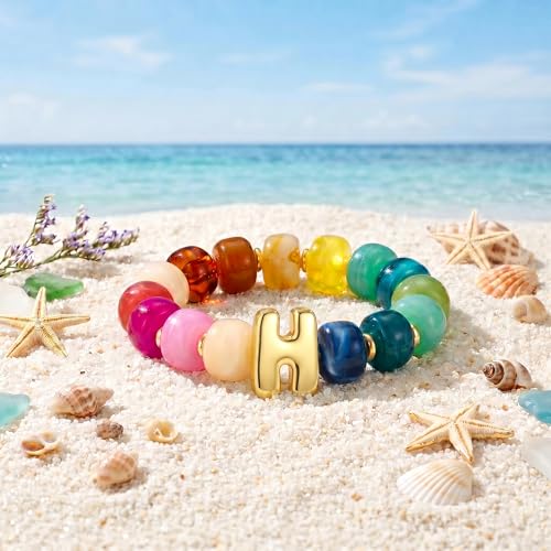Bubble Initial Chunky Beaded Bracelet for Women Colorful Resin Bead Trendy Statement Big Stretch Bracelets Summer Beach Boho Charm Jewelry Cute Gifts for Women - color: Initial H
