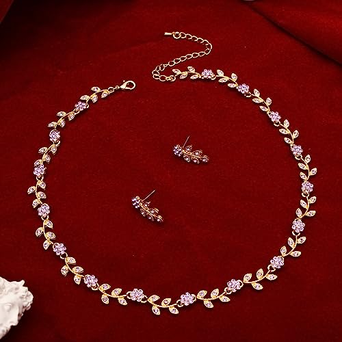 Austrian Crystal Rhinestone Choker Necklace Dangle Earring Link Bracelet Jewelry Set for Brides Bridesmaid Prom Costume Accessories for Women - color: En001-Violet-Gold Plated