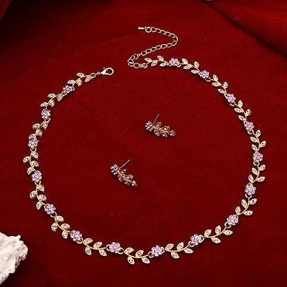 Austrian Crystal Rhinestone Choker Necklace Dangle Earring Link Bracelet Jewelry Set for Brides Bridesmaid Prom Costume Accessories for Women - color: En001-Violet-Gold Plated
