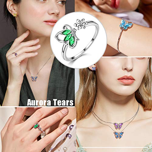Aurora Tears Butterfly Jewelry,Women 925 Sterling Silver Butterflies Birthstone Pendant Necklace/Earrings/Rings Wedding Gift - color: C.March-set 3