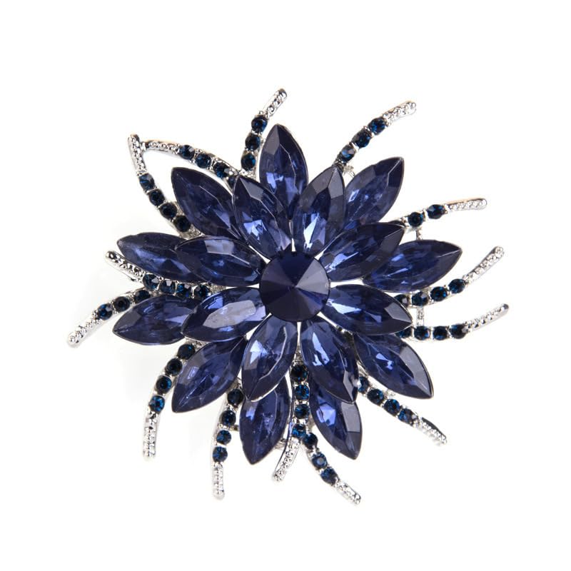 Rinestone Flower Brooch for Women Men Elegant Crystal Rose Flower Lapel Dress Brooches Pin Party Accessories Jewelry - style: Deep Blue