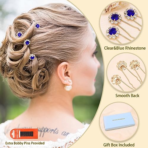 Ammei Crystal Bridal Hair Pins Clips Wedding Hair Accessories Hair Set Jewelry With Rhinestone For Brides and Bridesmaids Set Of 12 (Gold Plated-Blue) - color: Gold Plated-Blue