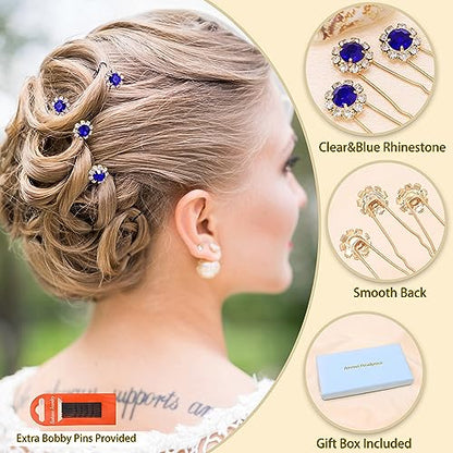 Ammei Crystal Bridal Hair Pins Clips Wedding Hair Accessories Hair Set Jewelry With Rhinestone For Brides and Bridesmaids Set Of 12 (Gold Plated-Blue) - color: Gold Plated-Blue