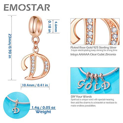 EMOSTAR Letter Charms Initial A-Z Alphabet Beads, Rose Gold 925 Sterling Silver Dangle CZ Birthstone Pendant, Gifts for European Charm Bracelet/Mothers Day/Birthday - color: Letter D
