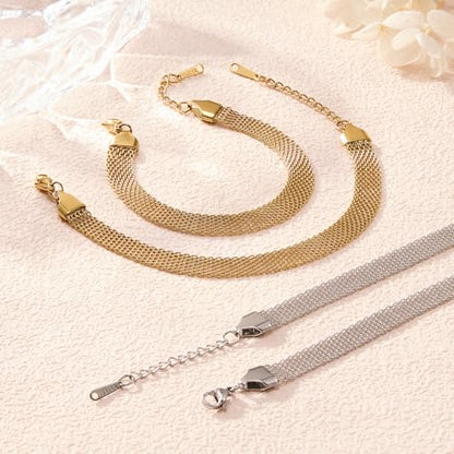 KYUNHOO 6.7 Inches Stainless Steel Charm Bracelet Chains Bulk with Extender | 10pcs Gold and Silver Bracelets Set 8MM Wide Chain Bracelet for Crafts Jewelry Making Supplies - color: mesh