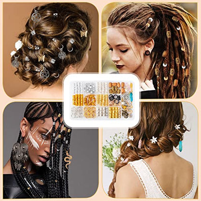 200pcs Hair Beads Jewelry, Dreadlocks Gem Crystal Charms, Metal Coils Rings, Gold And Silver Pendants,Braid Cuffs,Clips,Loc Tube Bead Braid Accessories for Braids Decoration