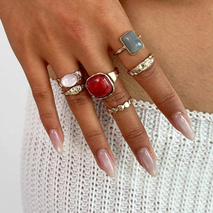 Statement Colorful Crystal Chunky Gold Hammered Dome Knuckle Rings Stackable for Women, Retro Thick Resin Ring Stacking Prom Party Jewelry Accessories - color: Red