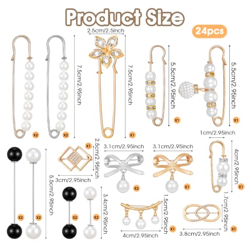 24/16 Pcs Pearl Brooch Pins Set, Decorative Safety Pin | Pant Waist Tightener Pins for Clothes Sweater Shawl Hat Clips White Collar Clips for Cardigan Dress Sweater - style: Rhinestone Pearl Style