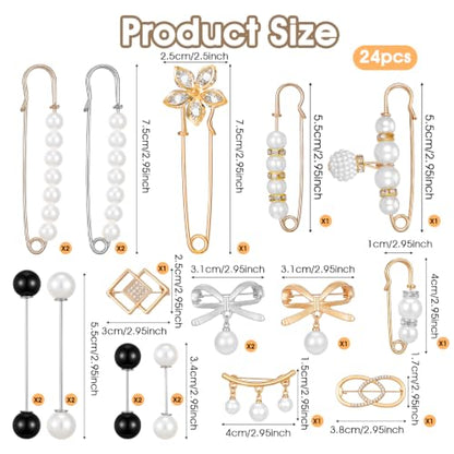 24/16 Pcs Pearl Brooch Pins Set, Decorative Safety Pin | Pant Waist Tightener Pins for Clothes Sweater Shawl Hat Clips White Collar Clips for Cardigan Dress Sweater - style: Rhinestone Pearl Style