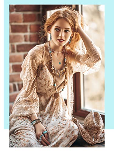 Ecally Bohemian Western Jewelry Turquoise Set Women Country Pendant Long Choker Layered Bracelets Earrings Ring for Women - color: Turquoise, style: Boho