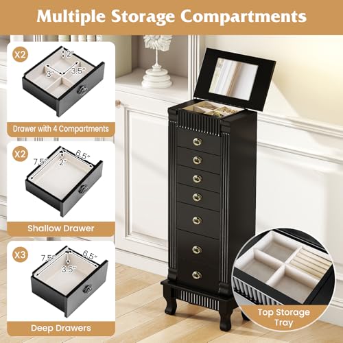 Giantex Standing Jewelry Cabinet with 7 Drawers, Flip-Top Mirror, 2 Side Doors with 12 Necklace Hooks, Divided Ring Compartments, Velvet-Lined Jewelry Armoire Organizer Chest (Black) - color: Black