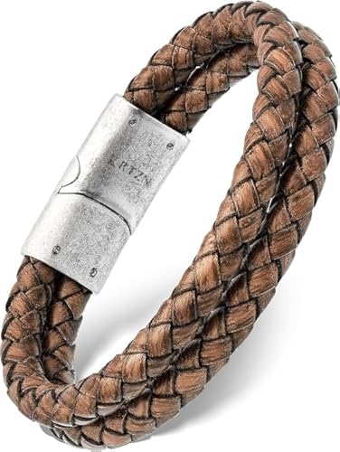 RTZN® Brown Leather Bracelet for Men – Premium Artisan Handcrafted Mens Leather Bracelet – Multi-Stand Mens Bracelet Leather Collection | Beaded Tiger Eye, Silver Chain, and Braided Brown Leather - color: Double Braided, size: Small