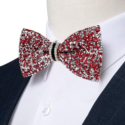 DiBanGu Mens Rhinestone Bow Tie with Ring and Lapel Pin Set | Adjustable Strap,Pre-tied Style,3PCS,Sequin Diamond Bowties，Solid/Mix Color,Shiny Accessory,for Party Prom Banquet Wedding - color: Red and Silver