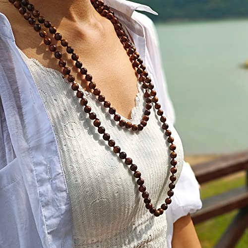 Firstmeet Fashion Natural Round Wood Beads 60'' Long Strand Art Deco Necklace for Women - color: Black rosewood