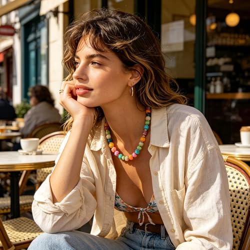 YUJIE Chunky Heart Pendant Necklace for Women- Exaggerated Statement Puff Heart Necklace with Acrylic Beaded Chain - color: A-Multicolour-1