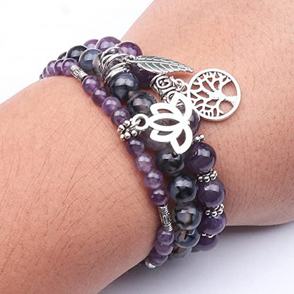 Tree of Life Yoga Healing Stone Bracelets,Multilayer Lotus Chakra Stone Reiki Bracelet Sets,Anxiety Crystal Natural Stone,for Women Stress Relief - style: Amethyst+Dragon's Vein Agate