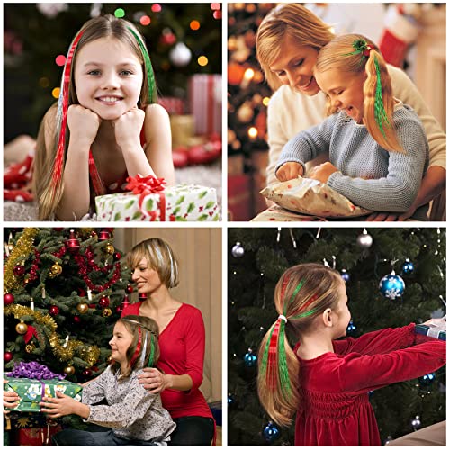 FEBSNOW Hair Extension Tinsel, 2400 Strands Christmas Tinsels with Tool | 47Inch Sparkle Hair Accessories, Glittering Heat Resistant Fiber, Women Girls Hair Styling, Christmas New Year Party Makeover - color: Multi 3 colors