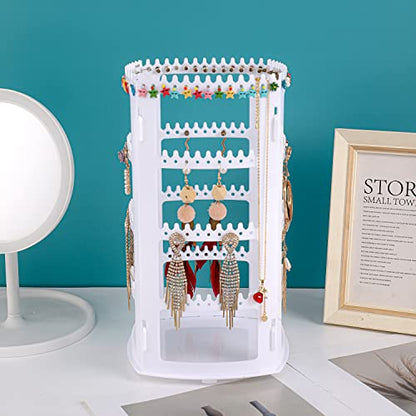 Sooyee White Earring Organizer, 360 Rotating Earring Holder, 4 Tiers Jewelry Rack Display Classic Stand, 156 Holes and 160 Grooves for Necklaces Earrings Piercings - color: White
