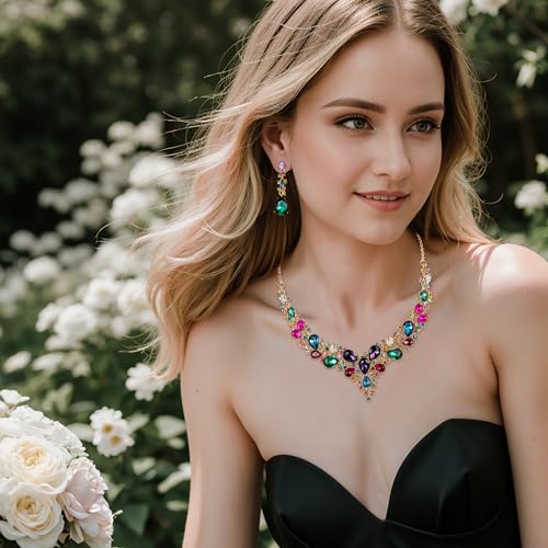 Women's Wedding Statement Necklace Dangle Earring Jewelry | Austrian Crystal Teardrop Cluster,Necklaces Earrings Set for Bride Bridesmaid,Prom Accessories - color: 11-Multicolor Gold-Plated-Base